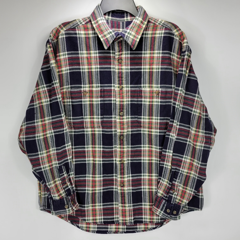 Eddie Bauer Vintage 90s Heavy Flannel Button Shirt Mens Large L Plaid Blue Cabin